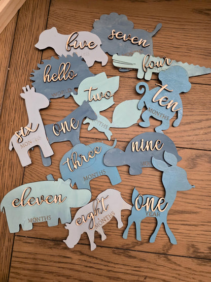 Wooden Zoo Animal Monthly Milestones Photo Props Newborn to 1 Year, 3D Baby Milestone Cards, Choose Any 3 Colors