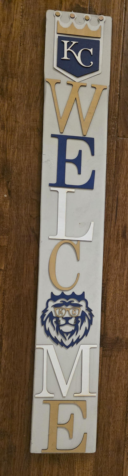 Kansas Chiefs & Royals Porch Leaner Welcome Sign, 2-Sided 3D Door Decor, 6 Chiefs and 4 Royals Designs