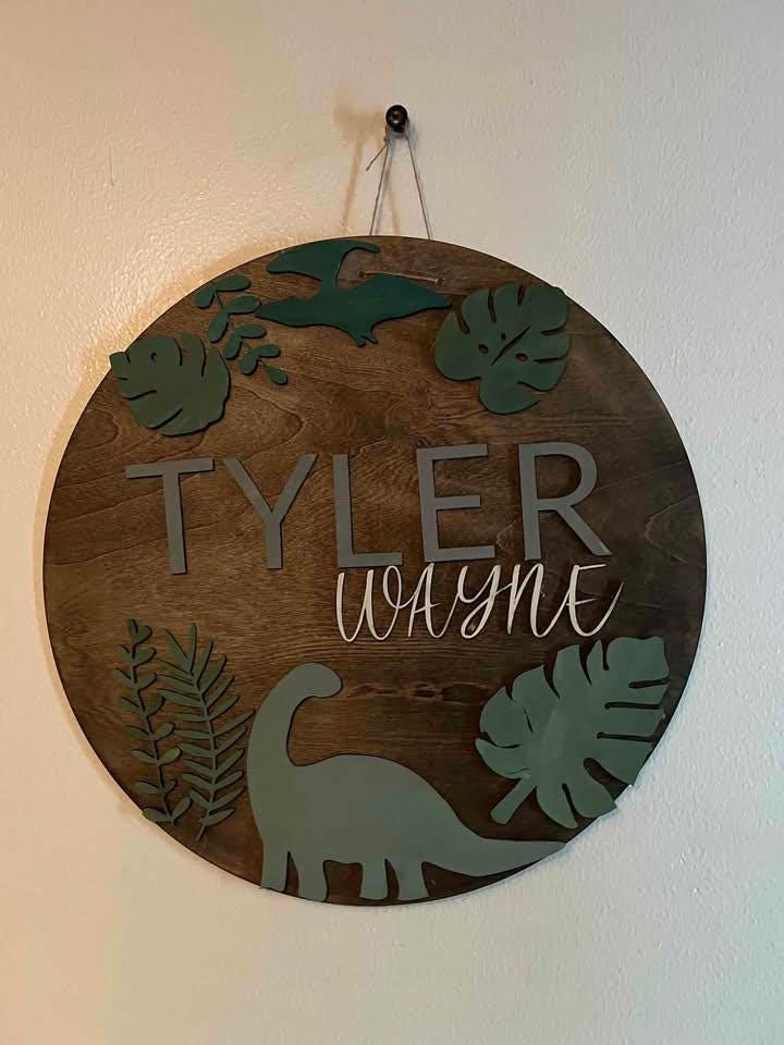 Personalized Dinosaur Nursery Wall Decor - 18" Round Custom Name Sign for Kids Room, Baby Shower Gift & Toddler Room Decoration