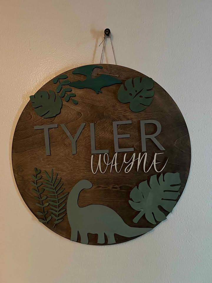 Personalized Dinosaur Nursery Wall Decor - 18" Round Custom Name Sign for Kids Room, Baby Shower Gift & Toddler Room Decoration