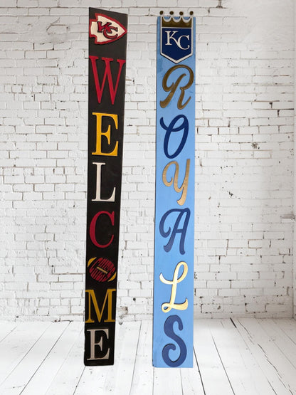 Kansas Chiefs & Royals Porch Leaner Welcome Sign, 2-Sided 3D Door Decor, 6 Chiefs and 4 Royals Designs