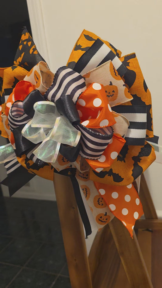 XL Halloween Bow – Door Wreath Bow - 12” Handmade - Pumpkins, Bats, Polka Dot & Stripe Ribbon – Stacked Halloween Decor