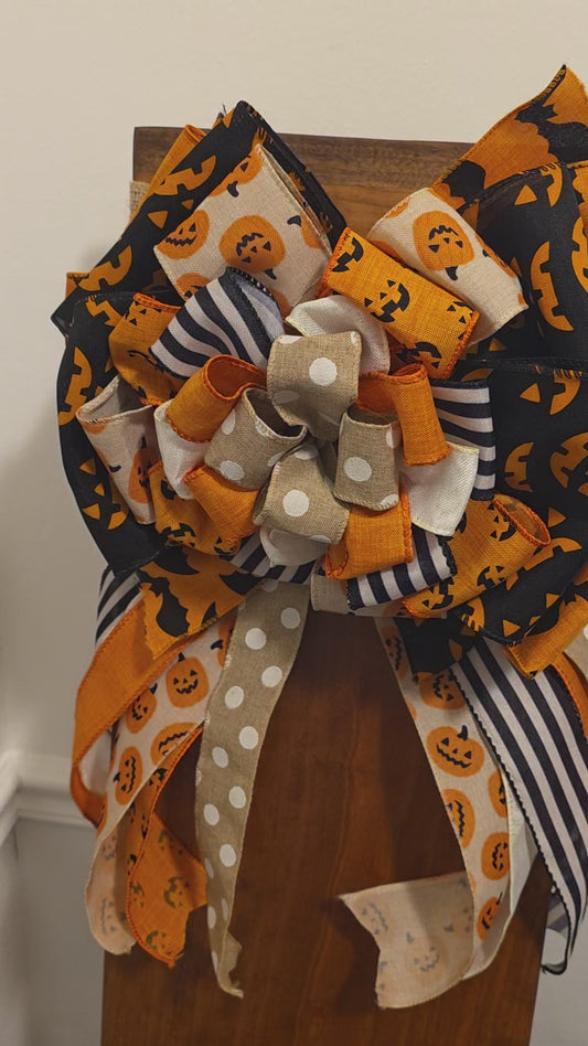 XL Halloween Bow – 12” Handmade Door Wreath Bow – Pumpkins, Bats, Polka Dot & Stripe Ribbon – Stacked Halloween Decor