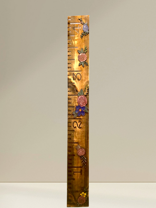 Floral Wooden Growth Chart - 6x48" Ruler Board with Laser Engraved Flowers &