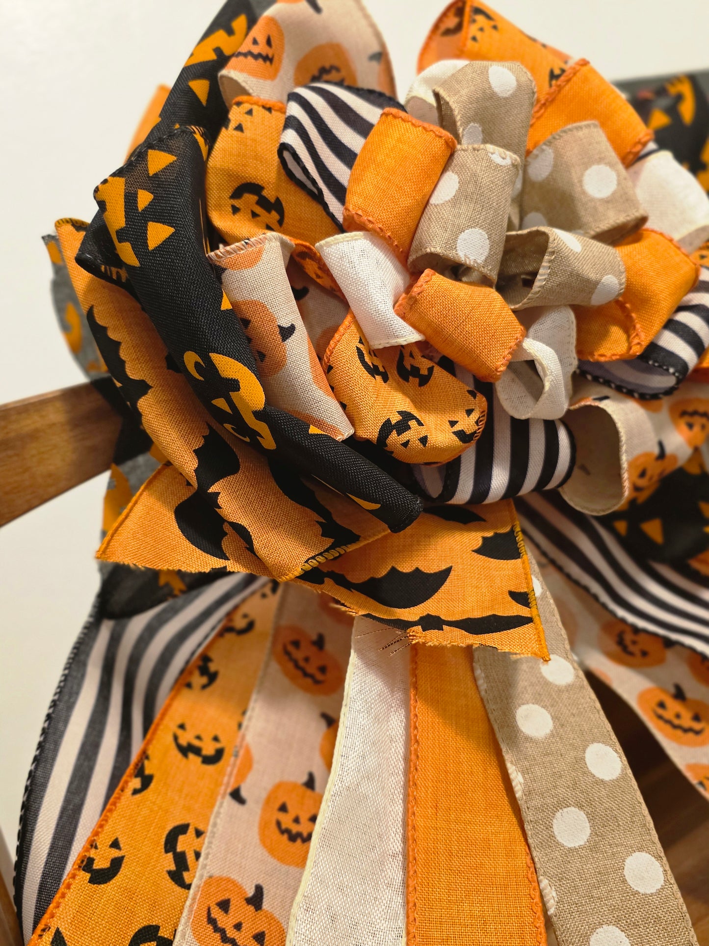 XL Halloween Bow – 12” Handmade Door Wreath Bow – Pumpkins, Bats, Polka Dot & Stripe Ribbon – Stacked Halloween Decor