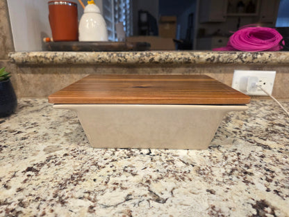 Personalized Taupe Porcelain Casserole Dish with Acacia Lid Trivet
