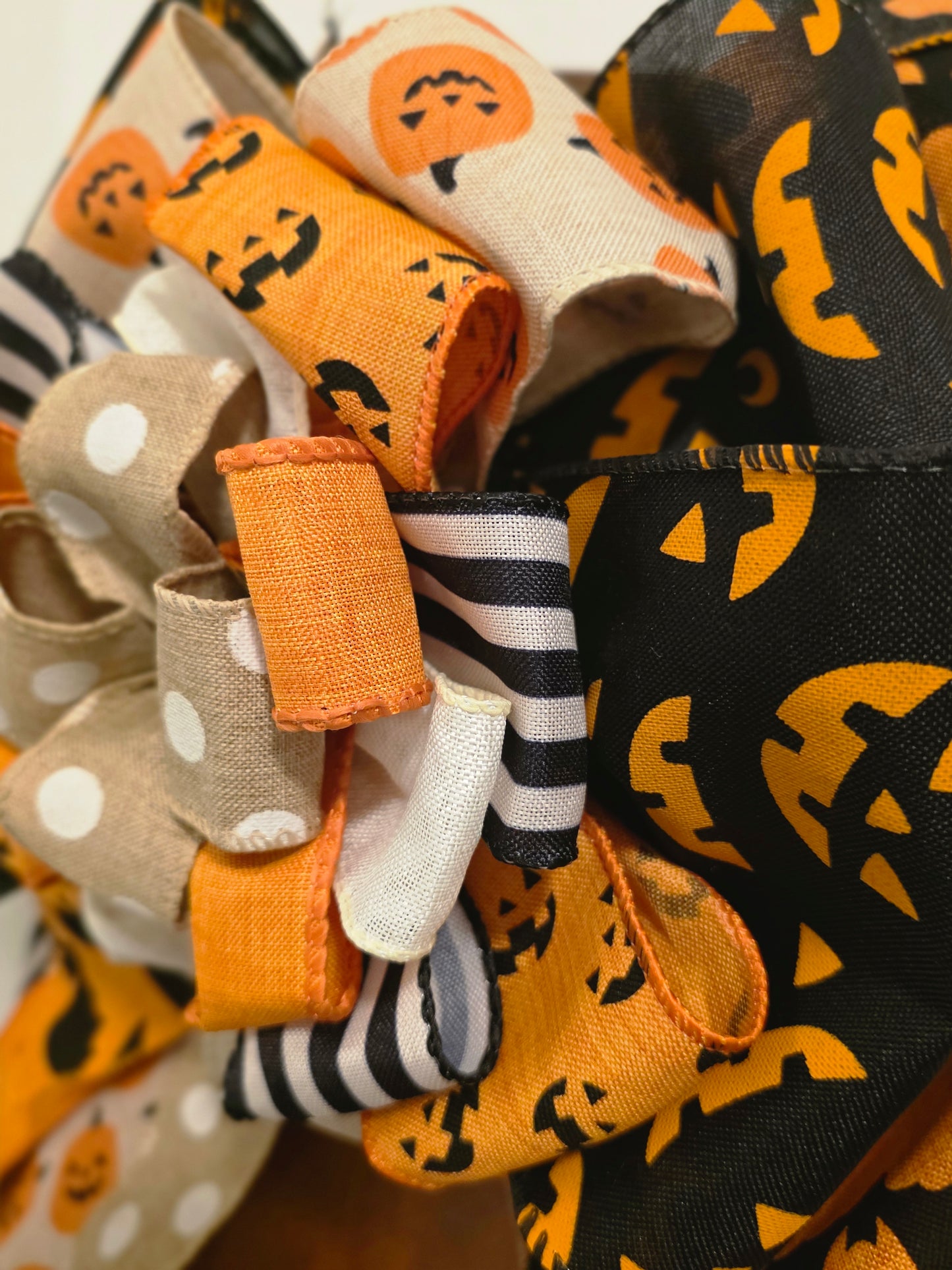 XL Halloween Bow – 12” Handmade Door Wreath Bow – Pumpkins, Bats, Polka Dot & Stripe Ribbon – Stacked Halloween Decor