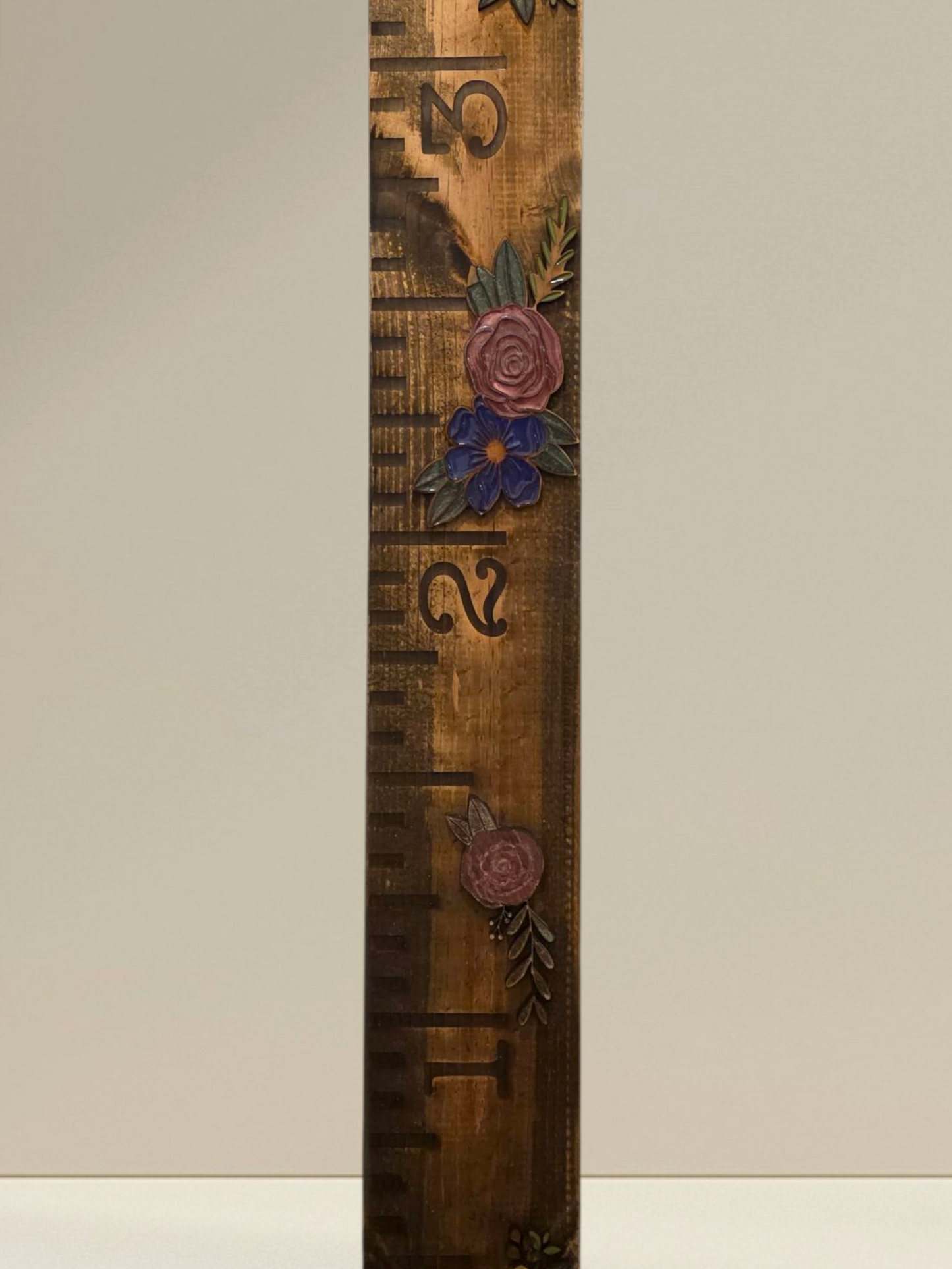 Floral Wooden Growth Chart - 6x48" Ruler Board with Laser Engraved Flowers &