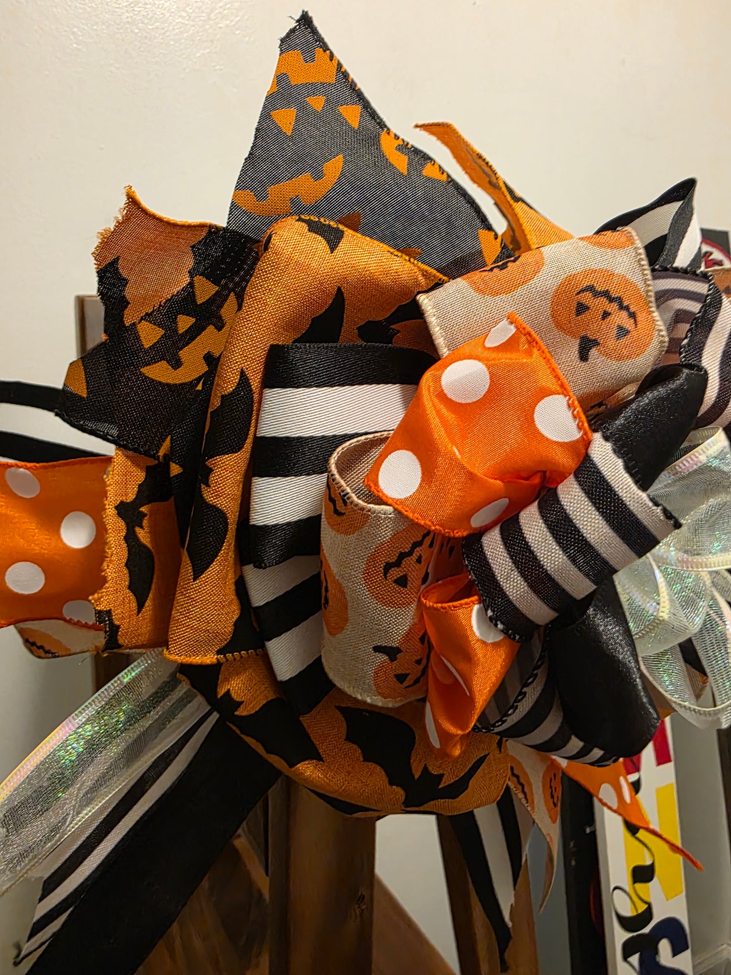 XL Halloween Bow – Door Wreath Bow - 12” Handmade - Pumpkins, Bats, Polka Dot & Stripe Ribbon – Stacked Halloween Decor