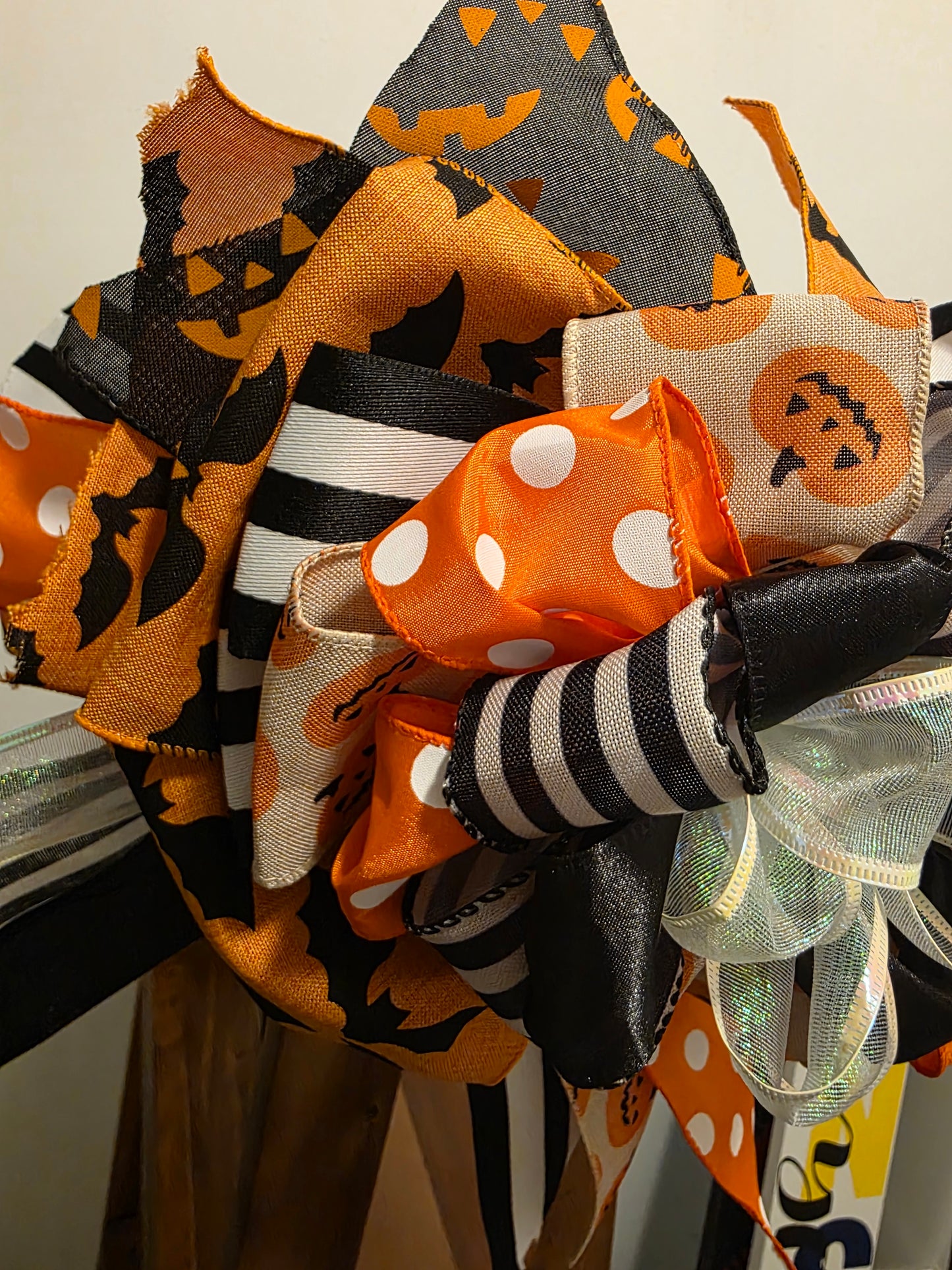 XL Halloween Bow – Door Wreath Bow - 12” Handmade - Pumpkins, Bats, Polka Dot & Stripe Ribbon – Stacked Halloween Decor