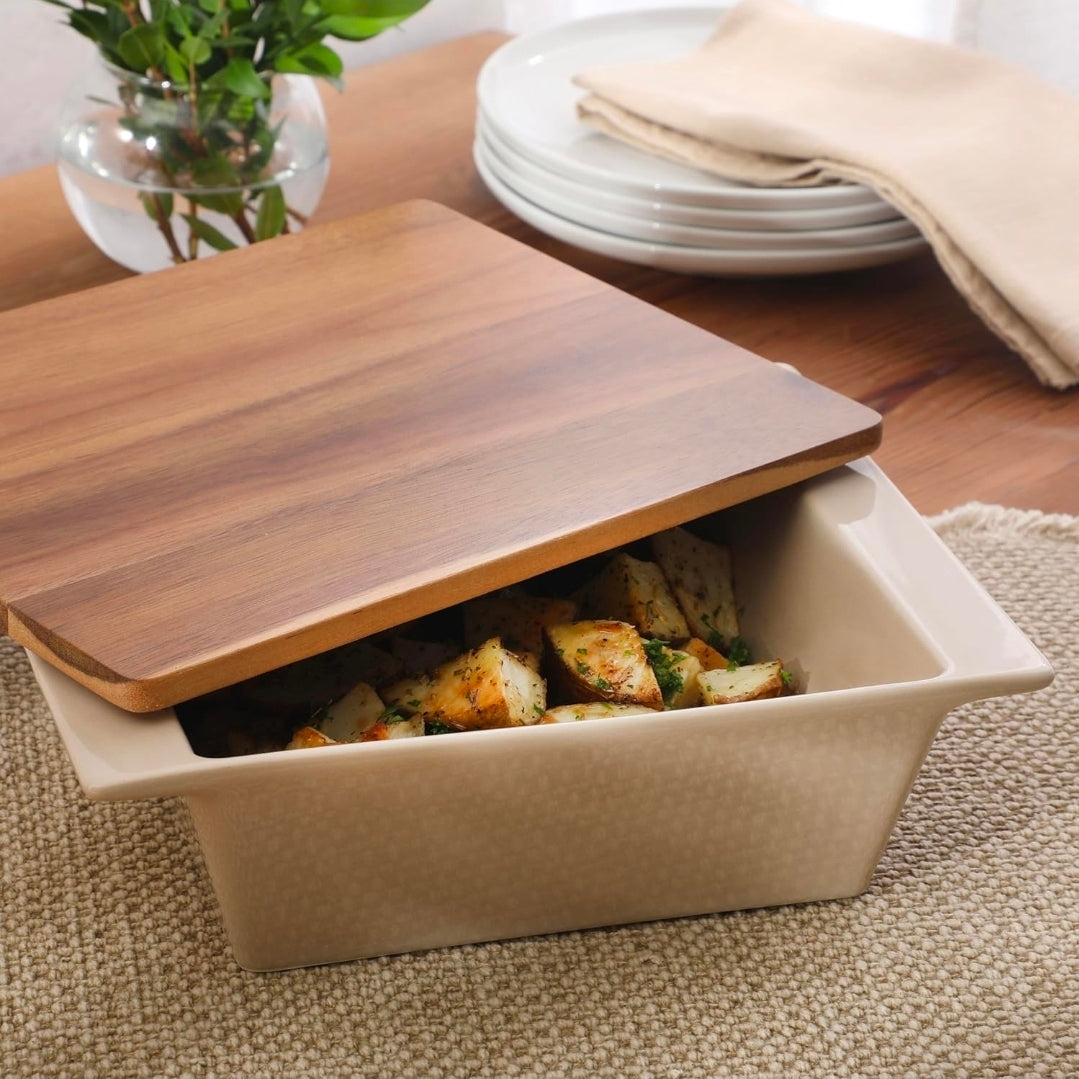 Personalized Taupe Porcelain Casserole Dish with Acacia Lid Trivet
