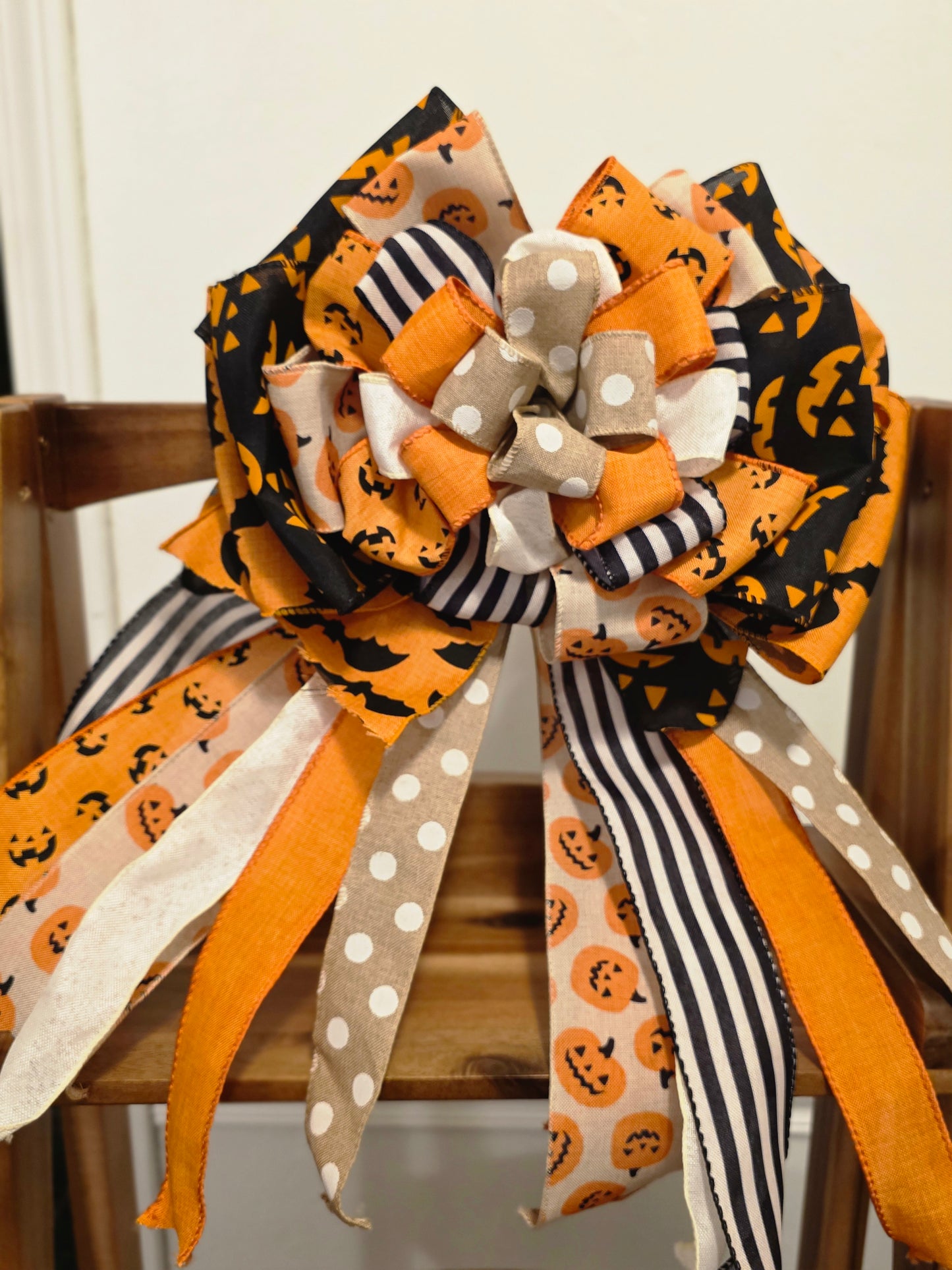 XL Halloween Bow – 12” Handmade Door Wreath Bow – Pumpkins, Bats, Polka Dot & Stripe Ribbon – Stacked Halloween Decor