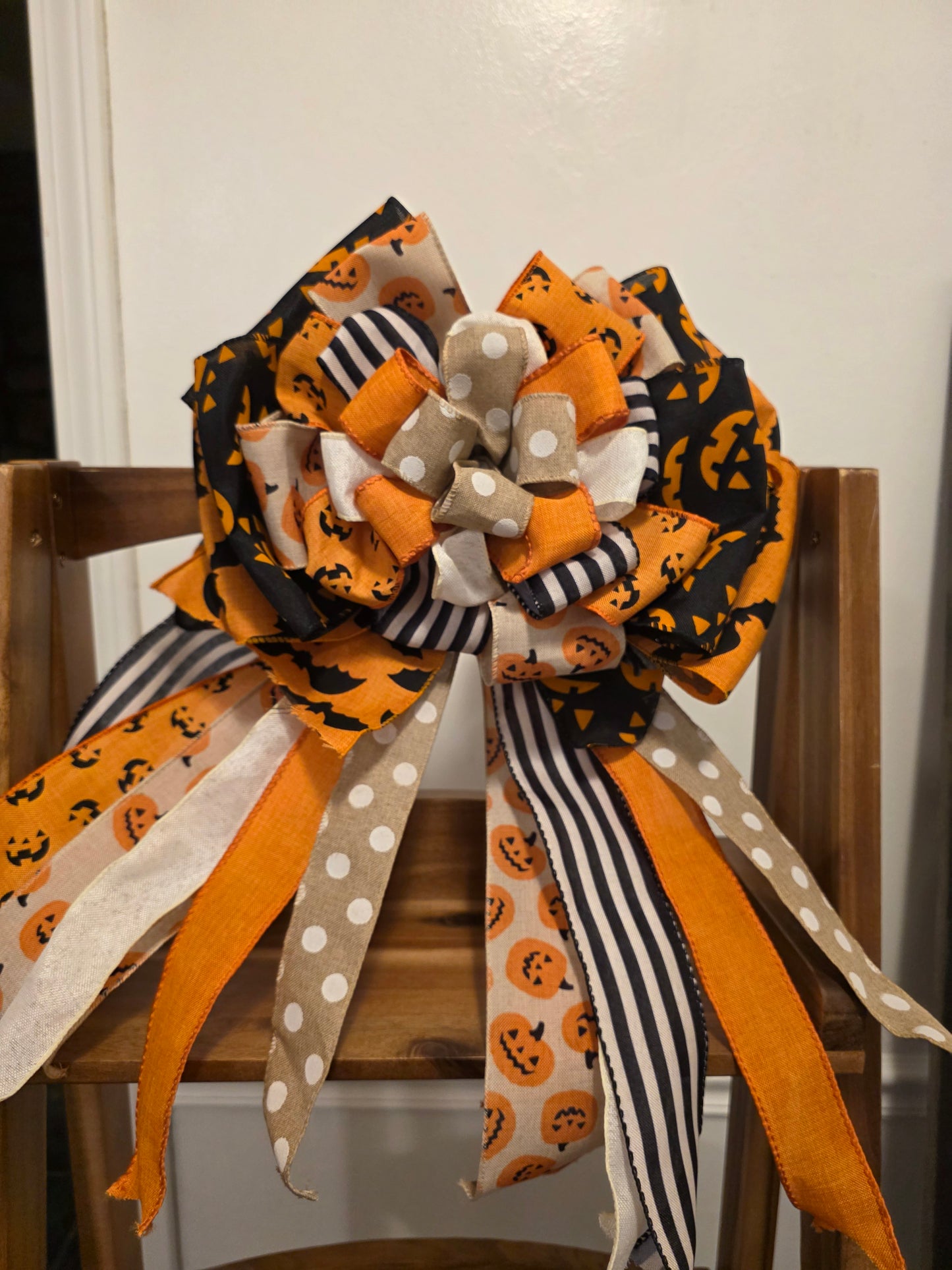 XL Halloween Bow – 12” Handmade Door Wreath Bow – Pumpkins, Bats, Polka Dot & Stripe Ribbon – Stacked Halloween Decor