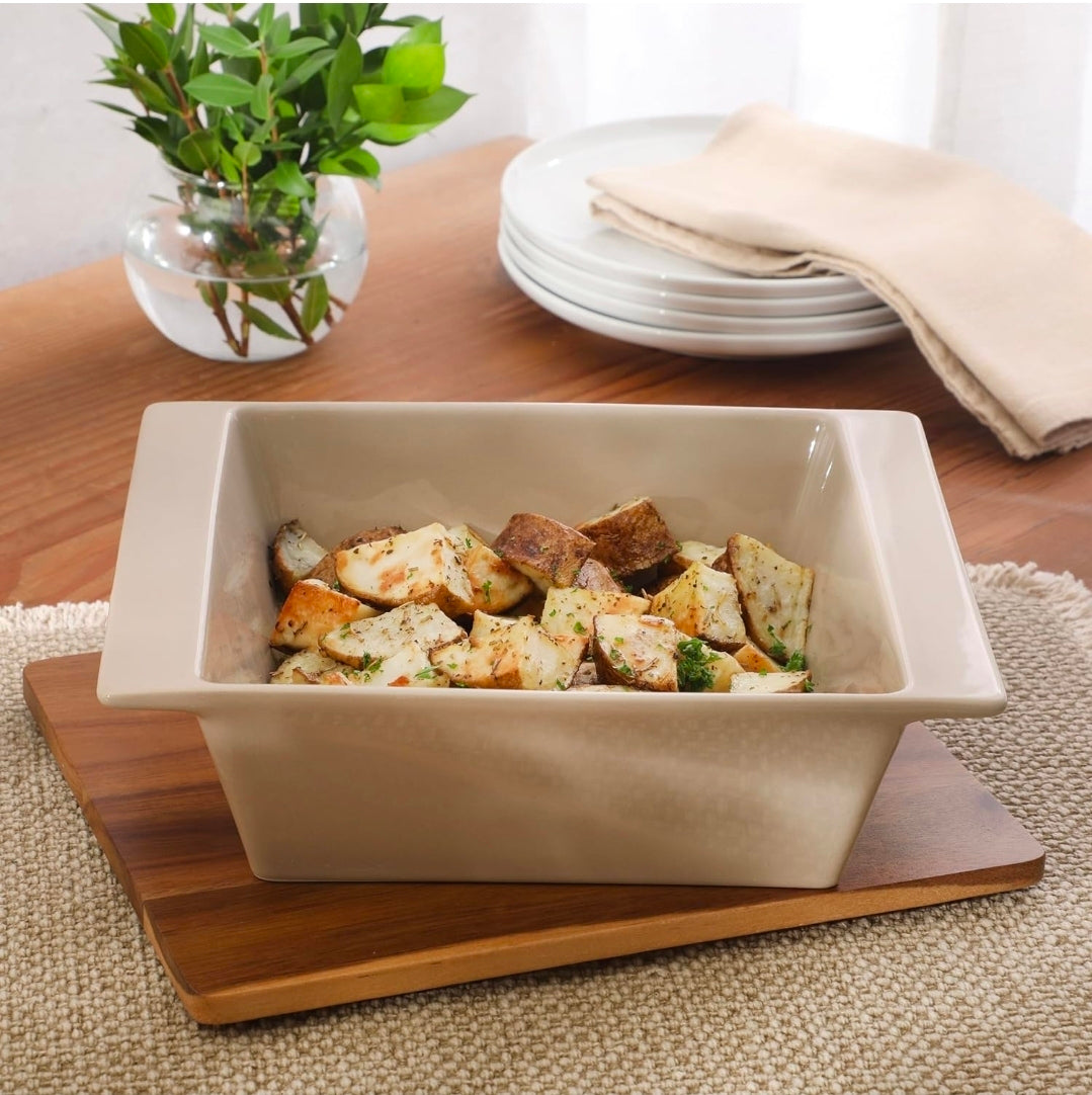 Personalized Taupe Porcelain Casserole Dish with Acacia Lid Trivet