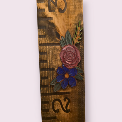 Floral Wooden Growth Chart 6X48 Ruler Board With Laser Engraved Flowers Resin Handmade Nursery Wall Decor