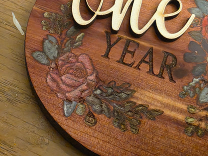 Baby Monthly Milestone Discs Cedar Or Walnut Wood With Uv Resin Flowers 1 Month To 1 Year Hello World Photo Prop Set