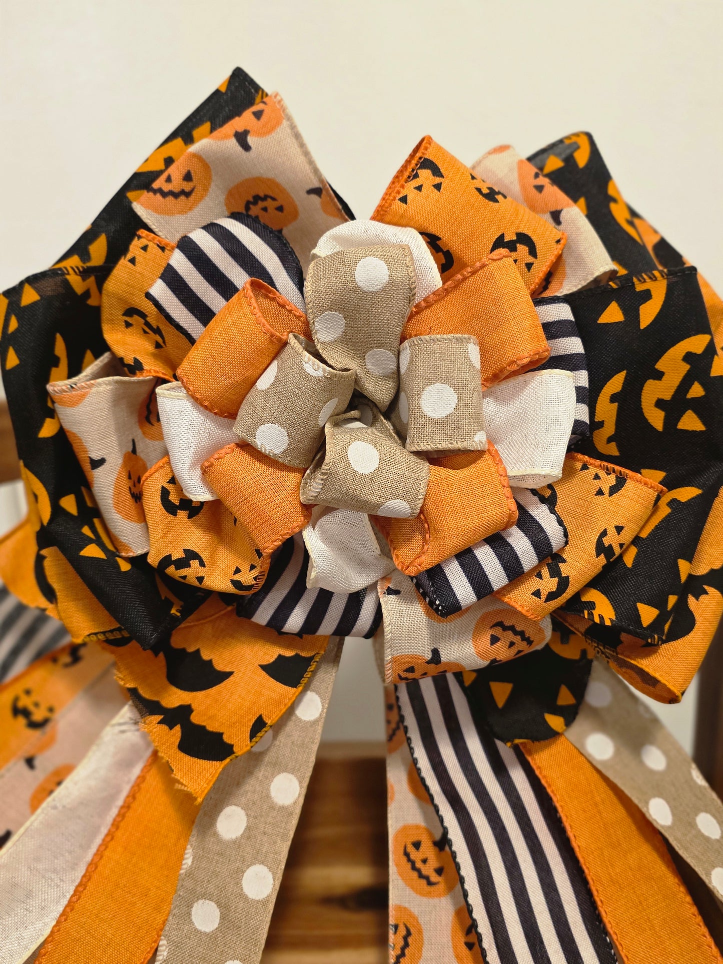 XL Halloween Bow – 12” Handmade Door Wreath Bow – Pumpkins, Bats, Polka Dot & Stripe Ribbon – Stacked Halloween Decor