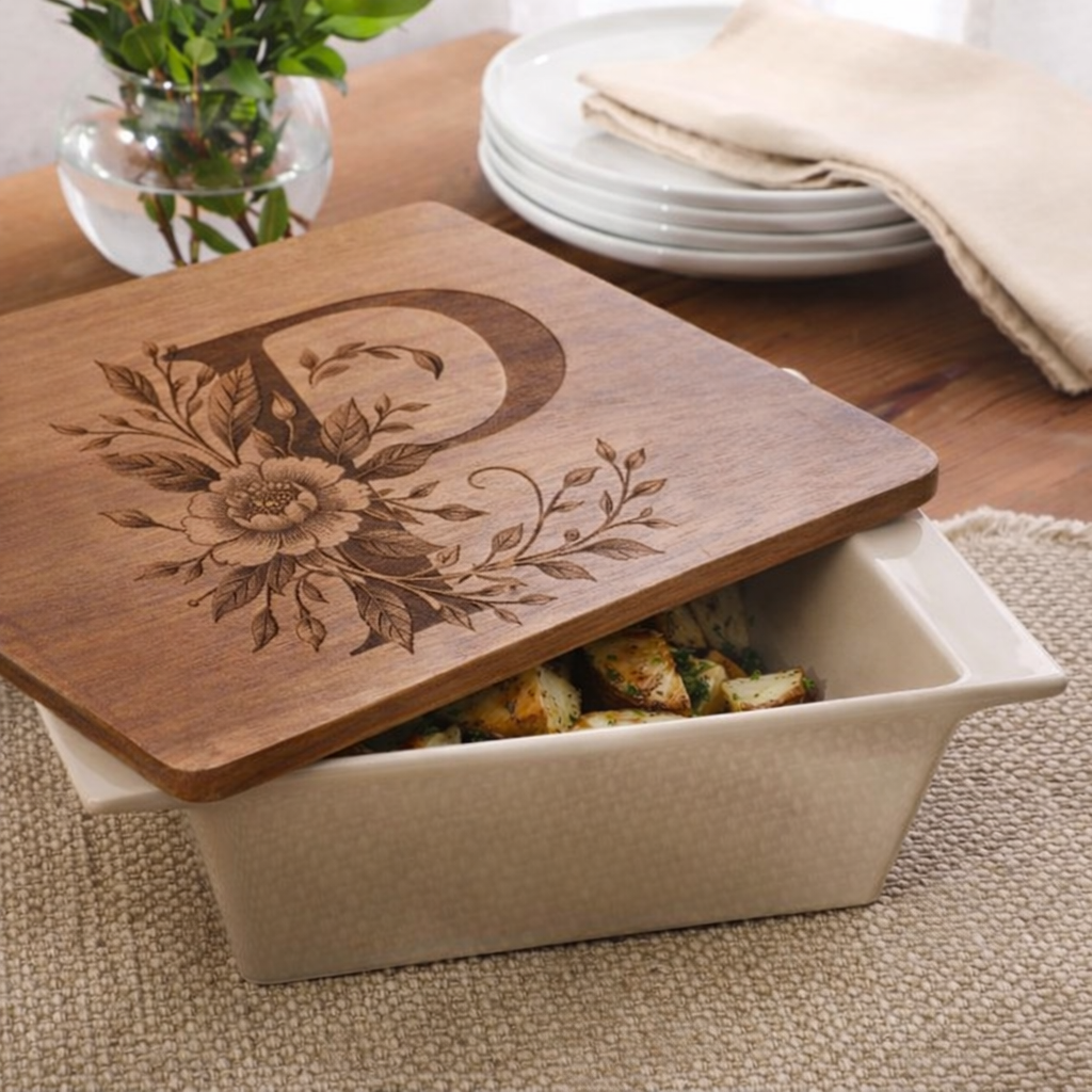 Personalized Taupe Porcelain Casserole Dish with Acacia Lid Trivet